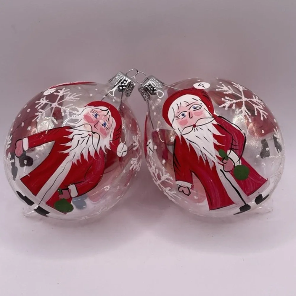 Vintage Hand Painted Santa Blown Glass Teardrop Christmas Ornaments Set of 2